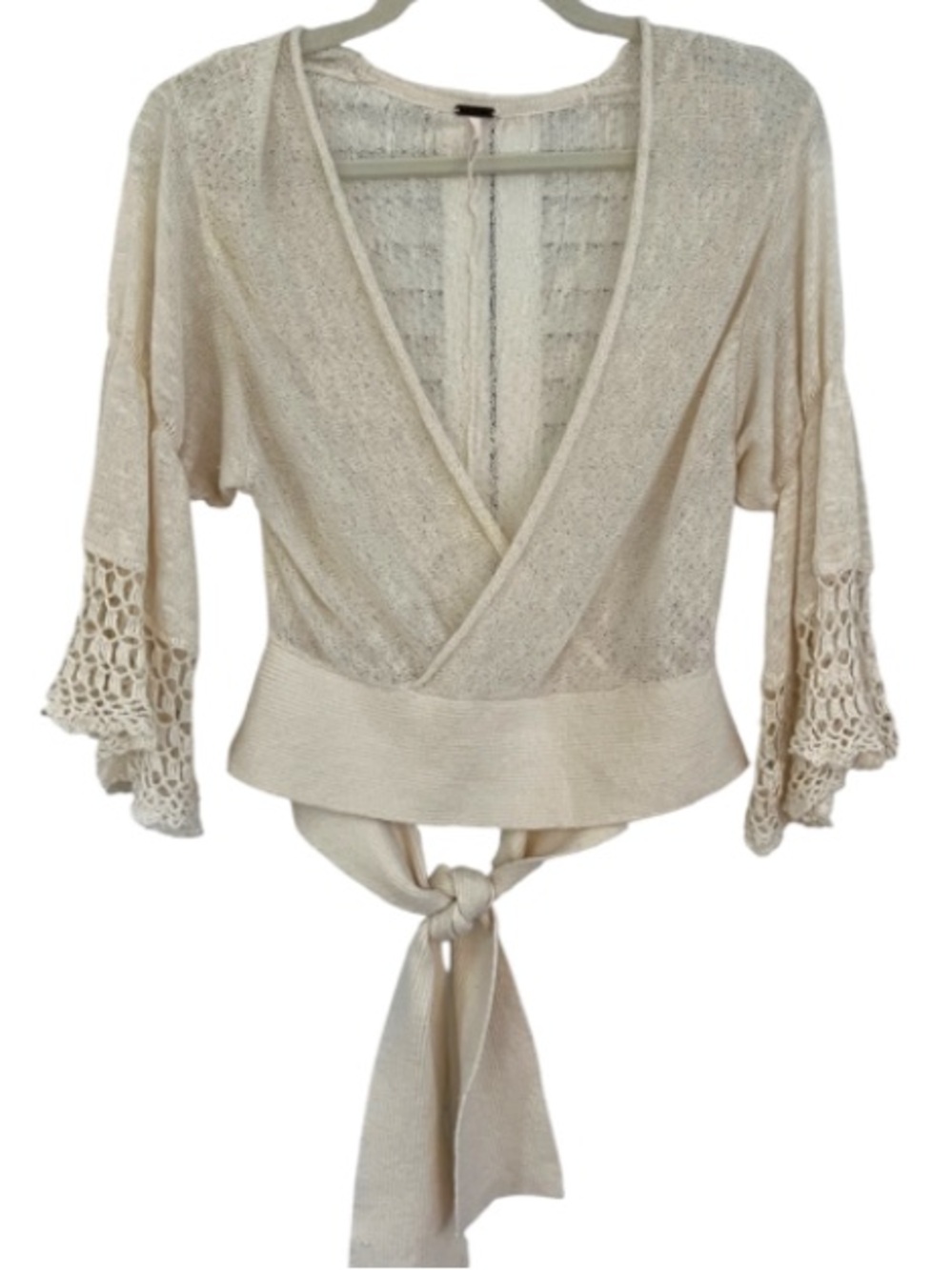 Free People Cotton Linen Blend Wrap V Neckline Bell Sleeves Lightweight Sz - Picture 2 of 6